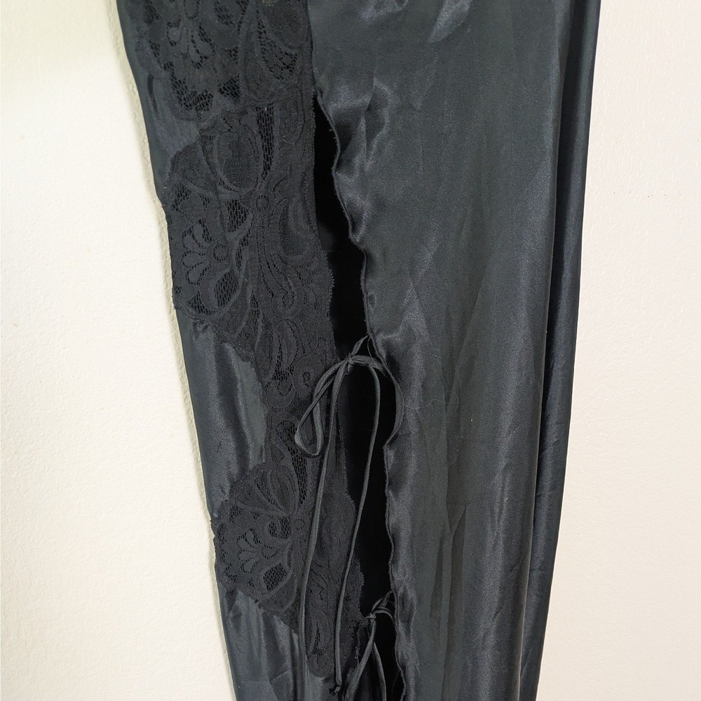 Vintage 80s / 90s Blanche Black Satin Maxi Slip Dress Side Slit Lace and Ties M - Picture 5 of 9